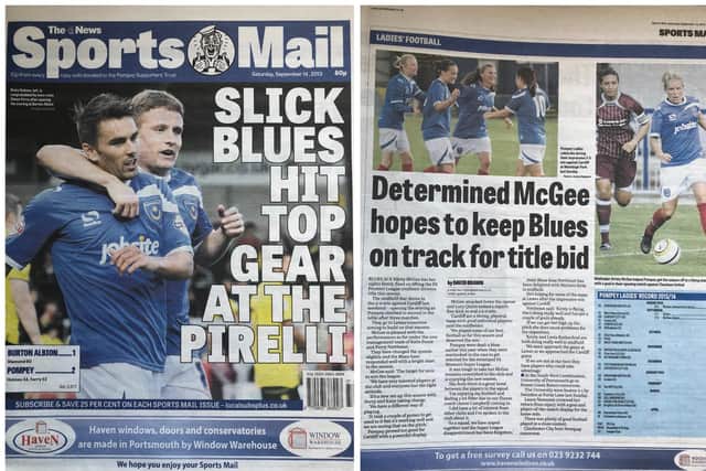 The front page of the Sports Mail, September 14 2013, when Pompey won at Burton - and a page devoted to Pompey Women's fine early-season form