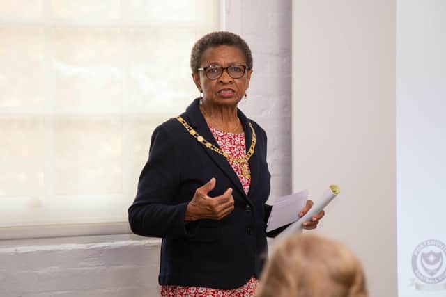 Portsmouth Museum is celebrating Black History Month by covering the history of black players at Portsmouth Football Club on Wednesday 26th October 2022
Pictured: Speech by Lady Mayoress, Marie Costa
Picture: Habibur Rahman