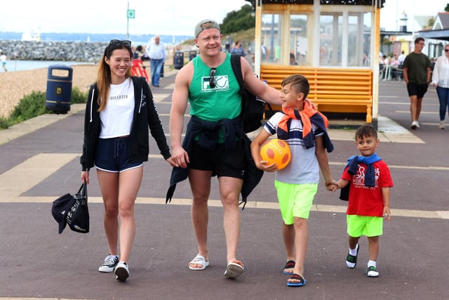 Scenes in Portsmouth and Southsea of people enjoying the Bank Holiday Monday. Pictured is (L-R) Amande Lee, Anton Maskovs, Alex, 10 and Andre, 4.

Monday 28th August 2023.

Picture: Sam Stephenson.
