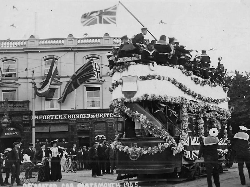French sailors travelling on a tram for the celebration in Portsmouth.
Captioned Decorated Car Portsmouth 1905, this real photographic postcard shows a tram full of French sailors for L' Entente Cordiale in 1905 when the French fleet visited Portsmouth  100 years after Trafalgar.