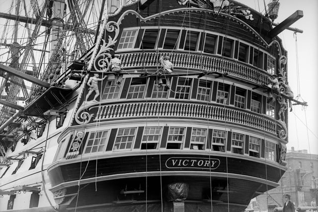 July 1934:  The HMS Victory, flagship of Lord Nelson at the Battle of Trafalgar in 1805, moored at Portsmouth.  (Photo by Fox Photos/Getty Images)