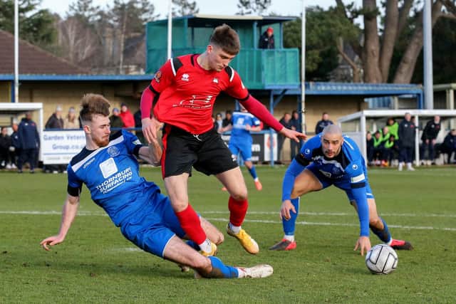 Chippenham (blue) are in with a chance of making the National League South play-offs despite their manager resigning last month due to budget cuts. Picture by Lydia Redman