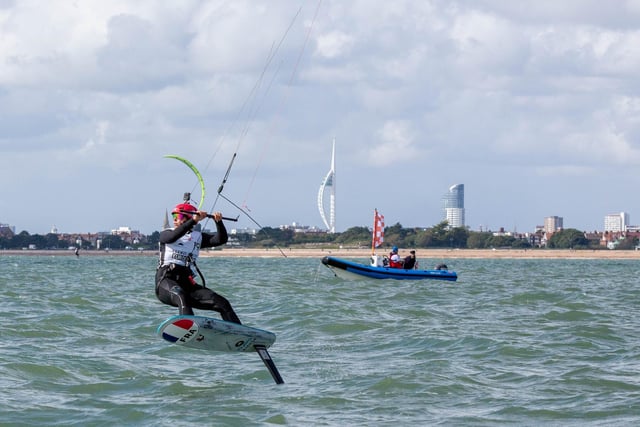 The Formula Kite European Championships start in Portsmouth, Southsea on Thursday 21st September 2023

Pictured: Competitior sailing past Spinnaker Tower
Picture: Habibur Rahman