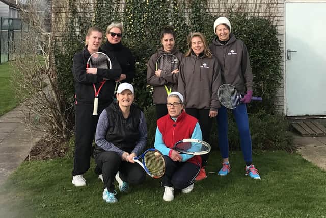 Alverstoke v JEM Tennis. Back (from left): Laura Titterington, Nicky Heyworth, Mia Prosser, Aurelie Hemphills, Florence Gimonet. Kneeling: Sue Western, Sue Titterington