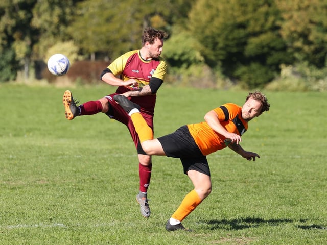Bransbury Wanderers Reserves (orange/black) v Farlington Rovers. Picture by Kevin Shipp