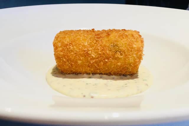 Smoked haddock fish cakes with grain mustard sauce, by Lawrence Murphy