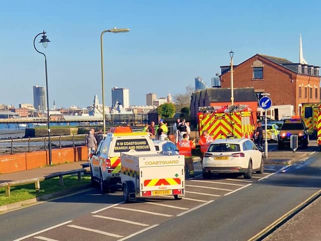 Emergency services were deployed to rescue a boy who was trapped in the mudflats at Priddy's Hard near Heritage Way, Gosport, yesterday evening. Picture: Alison Treacher.