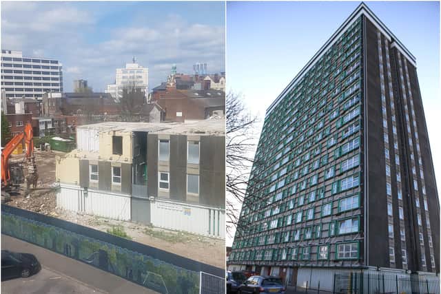 Horatia House in Somers Town has almost been taken down to the ground. Right, after cladding was removed in 2018 Picture Darren Barnett / Habibur Rahman
