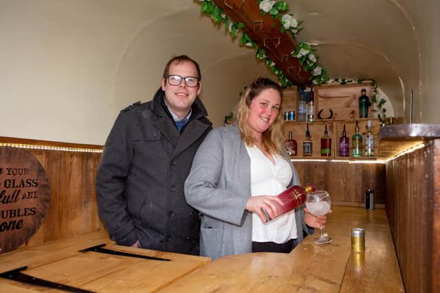 Scott and Chloe Armstrong in their horsebox gin bar. Picture: Habibur Rahman