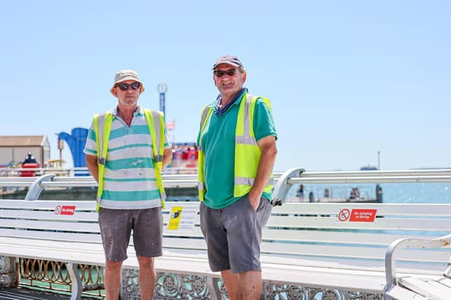 Pictured: Kim Little and Anthony Basely, maintenance employees of South Parade Pier attempt to discourage jumpers. 
Photos by Alex Shute