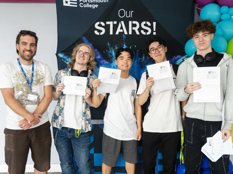 Gary Street celebrates with his Music Production D* students at City of Portsmouth College results day 2024.