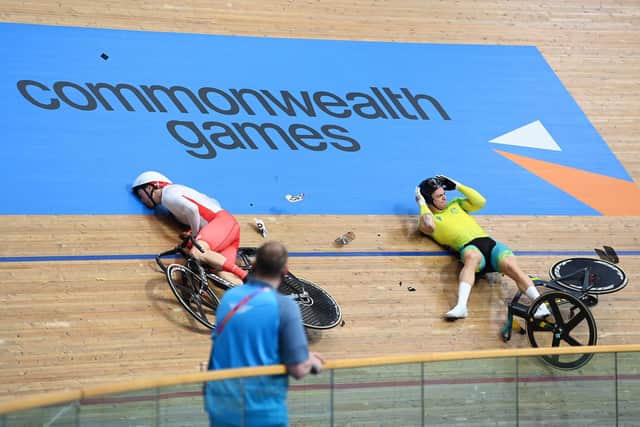 Joe Truman lies injured on the track. Photo by Justin Setterfield/Getty Images