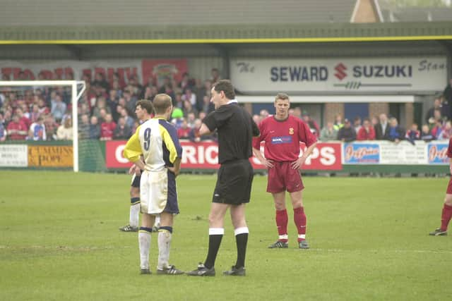 Bobby Howe about to be dismissed during Hawks' FA Trophy semi-final second leg with Tamworth. PICTURE: MICHAEL SCADDAN