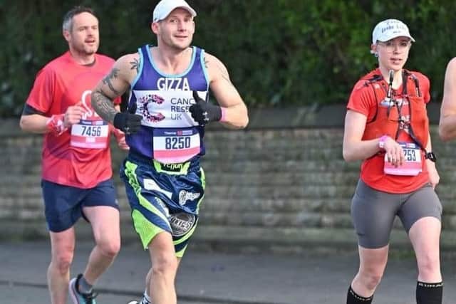 Geraint completing the Manchester Marathon ahead of his 250 mile cycle ride for Cancer Research UK.