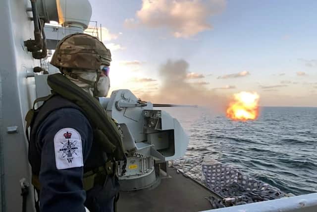 Pictured is an Air Defence exercise onboard HMS Montrose during Exercise Khunjar Hadd 26 in the Gulf of Oman.

PO ET(WE) Gavin Shaw-Smith watches on as HMS Montrose's ASCG 30mm gun fires.