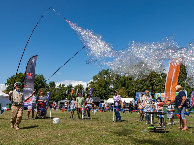 Damian Jay - 'The Bubbleer' - providing a monster bubble show
Picture: Mike Cooter (290723)