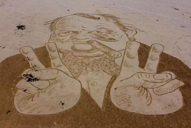 This stunning picture of Winston Churchill was created on Whitburn beach by artist Jax Higginson.