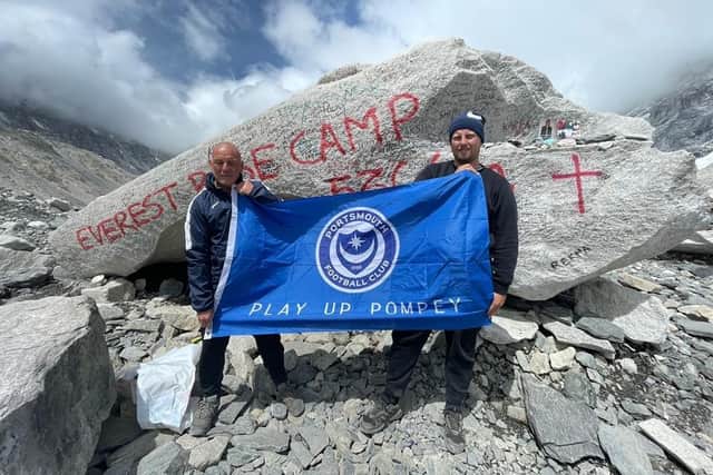 Pompey kitman Shaun North, left, and son Shane at Mount Everest Base Camp before they were left stranded on the mountain for five days
