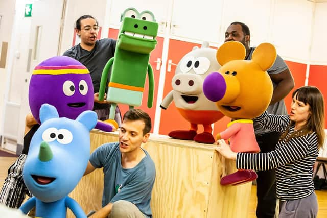 Sarah Palmer, Vinnie Monachello, Kaidyn Niall Hinds, Clarke Joseph-Edwards and Jane Crawshaw in rehearsals for Hey Duggee The Live Theatre Show. Photography by Pamela Raith.