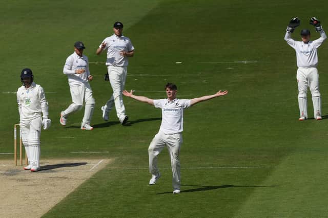 Ollie Robinson celebrates after dismissing Harry Came during Hampshire's second innings in the Bob Willis Trophy match at Hove. Photo by Mike Hewitt/Getty Images.