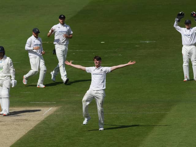 Ollie Robinson celebrates after dismissing Harry Came during Hampshire's second innings in the Bob Willis Trophy match at Hove. Photo by Mike Hewitt/Getty Images.