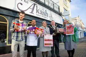 Pictured: Akash marketing manager Miles Hanmore, Owner Faz Ahmed, Lady Mayoress Mrs Joy Maddox, Lord Mayor Frank Jonas and Reverse Calender organiser, Hayley Wheeler outside the Akash restaurant with some of the donations.

Picture: Habibur Rahman