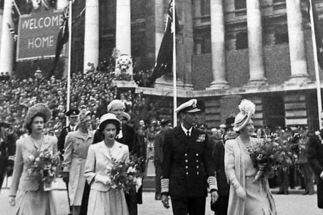 Princesses Elizabeth and Margaret, King George VI and Queen Elizabeth in Guildhall Square, Portsmouth, 1947. Picture: The News archive.