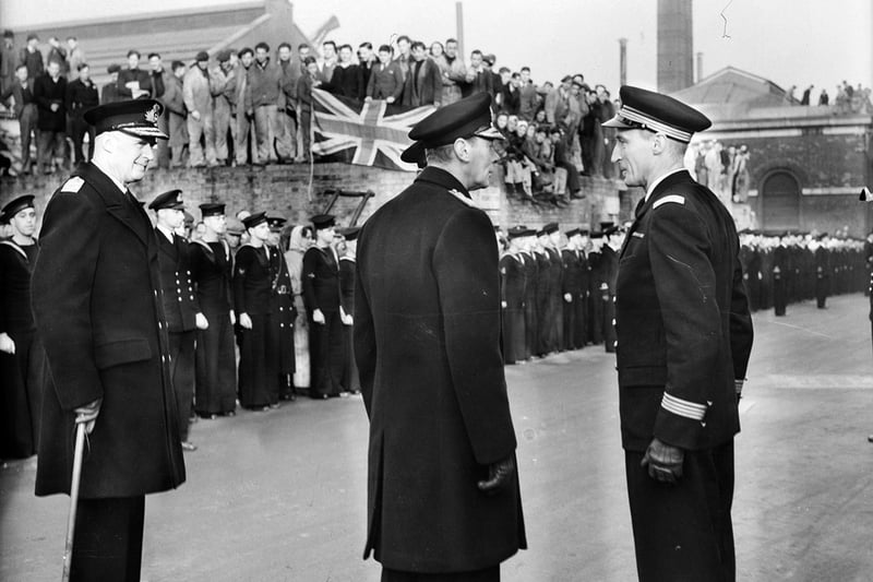 King George VI while on a tour of Portsmouth Dockyard on November 16, 1944