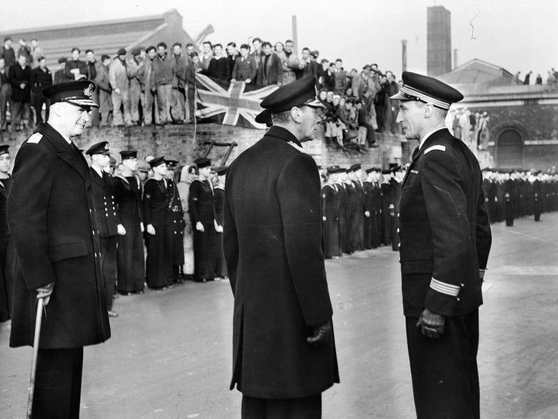 King George VI while on a tour of Portsmouth Dockyard on November 16, 1944