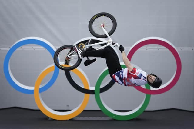 Portsmouth's Declan Brooks makes a jump in the men's BMX Freestyle seeding in Tokyo today. Picture: AP Photo/Ben Curtis.