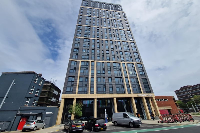 Crown Place, a student accommodation building in Station Street is 73 metres tall.