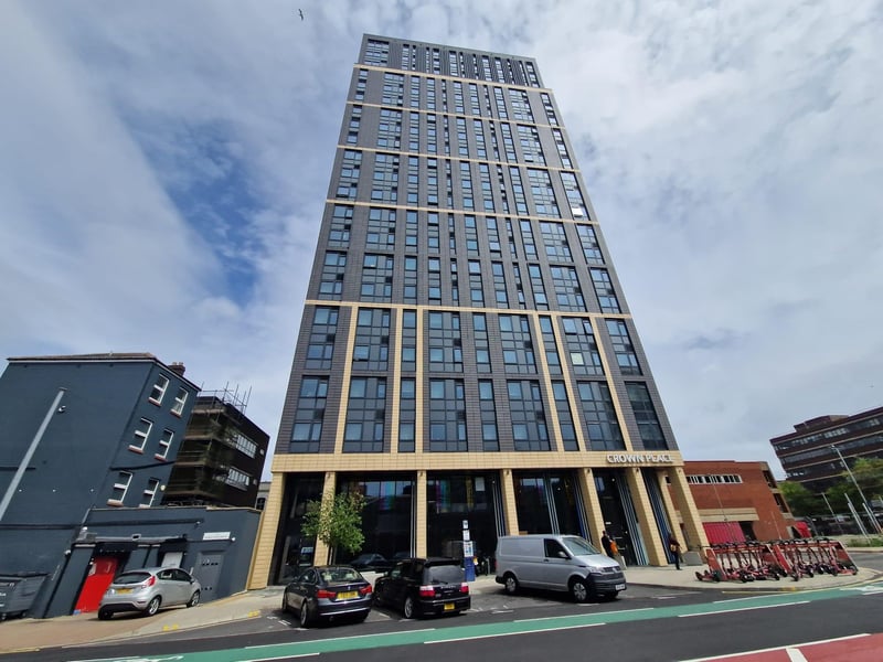 Crown Place, a student accommodation building in Station Street is 73 metres tall.