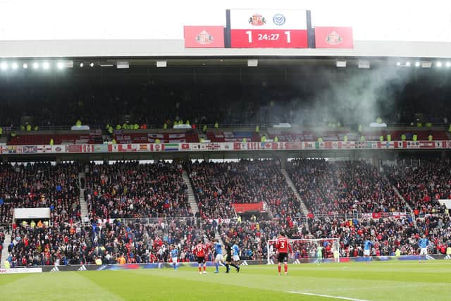 A smoke bome was thrown from the away end when Pompey travelled to the Stadium of Light in April 2019.