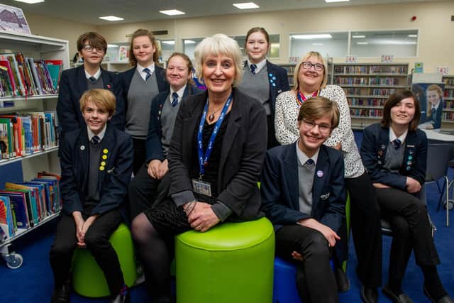 Headteacher, Julie Summerfield and student support manager, Andrea Marr with some of the students at Horndean College. Picture: Habibur Rahman