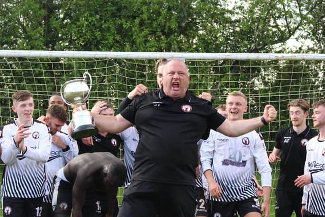 Whiteley Wanderers manager Steve Thomas celebrates winning the Southampton League title last month. His side will be playing in the Hampshire Premier League Division 1 next season. Picture: Nathaniel Holland.