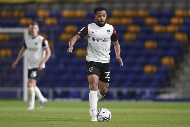 Portsmouth midfielder Louis Thompson in action during the EFL Trophy match between AFC Wimbledon and Portsmouth at Plough Lane, London, United Kingdom on 7 September 2021. Photography: Jason Brown