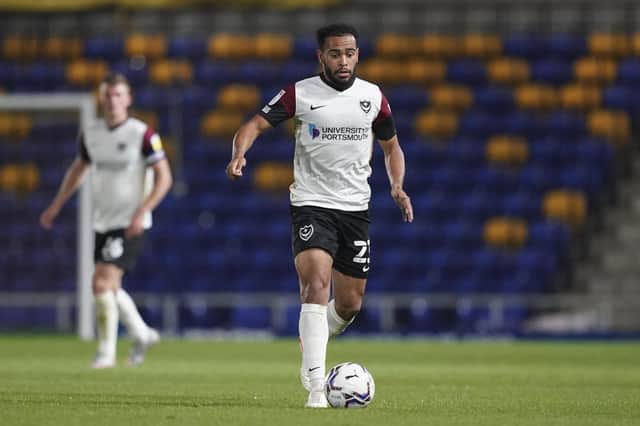 Portsmouth midfielder Louis Thompson in action during the EFL Trophy match between AFC Wimbledon and Portsmouth at Plough Lane, London, United Kingdom on 7 September 2021. Photography: Jason Brown