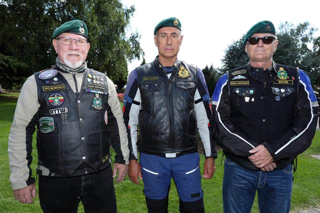 Royal Marines Association Riders, from left, Noman Wareing, Tony 'Lofty' Lofthouse and Bob Stinton. Funeral of Royal Marines veteran John Campbell, known as Ian, at Portchester crematorium
Picture: Chris Moorhouse (jpns 240821-06)
