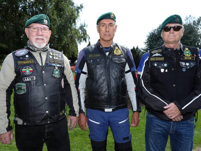 Royal Marines Association Riders, from left, Noman Wareing, Tony 'Lofty' Lofthouse and Bob Stinton. Funeral of Royal Marines veteran John Campbell, known as Ian, at Portchester crematorium
Picture: Chris Moorhouse (jpns 240821-06)

