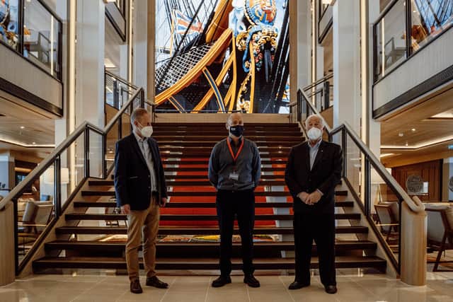 Matt Grimes, vice president maritime operations at Viking Cruises, with Mike Sellers, director of Portsmouth International Port, and Viking?s chairman, Torstein Hagen on board Viking's Venus on May 10, 2021.