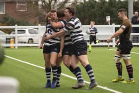 Harry Carr is mobbed by Havant team-mates after grabbing a try against Camberley earlier this season. Picture: Keith Woodland (22022020-567)