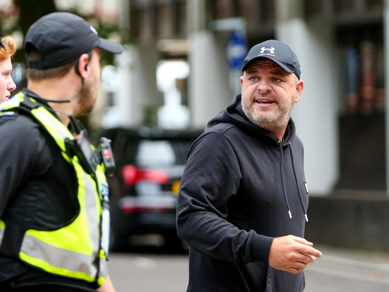 Protestors at Guildhall Square, Portsmouth. Demonstrators having verbal exchanges with officers. Picture: Chris Moorhouse (030824-46)