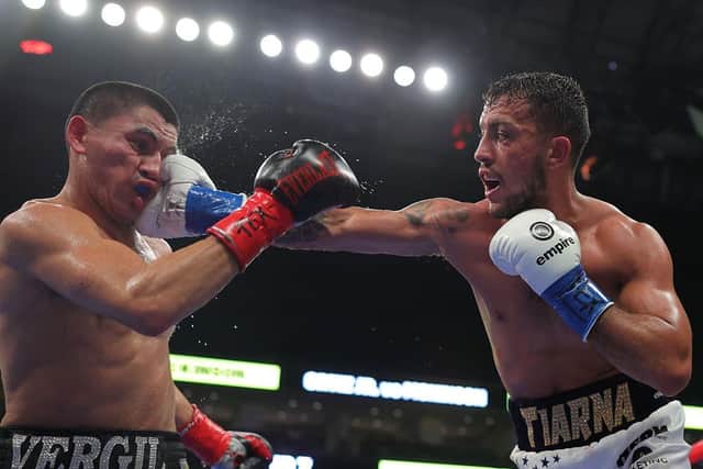 Mikey McKinson catches Virgil Ortiz Jr in their WBO welterweight contest. Picture by Golden Boy Promotions
