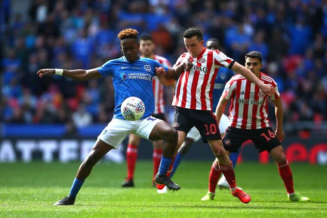 Jamal Lowe up against Sunderland's George Honeyman in the 2019 Checkatrade Trophy final. Picture: Jordan Mansfield/Getty Images