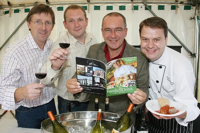 Drinking a toast to the success of Visit Peak District & Derbyshire’s Food & Drink Guide 2010 at Bakewell Show are (pictured left to right): Peter Minshull and Chris Palmer of The Clear Black Wine Company, David Thornton, Head of Marketing and Deputy Chief Executive of Visit Peak District & Derbyshire and David Sanderson, Executive Chef at the recently refurbished Fox & Goose Inn at Wigley, near Chesterfield
