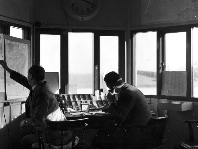 Portsmouth Airport control tower making sure planes arrive safely, 1960s. PP5422