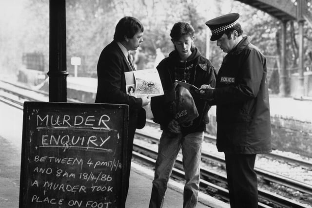 John Duffy, the so-called Railway Killer murdered three women in the 1980s, he also raped a number of women. He was jailed in 1988 and is serving a whole life sentence. Picture: Two police detectives question a young man in 1986 as part of the investigation into the murders. (Photo by Evening Standard/Getty Images)