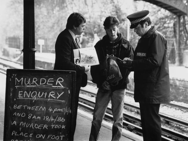 John Duffy, the so-called Railway Killer murdered three women in the 1980s, he also raped a number of women. He was jailed in 1988 and is serving a whole life sentence. Picture: Two police detectives question a young man in 1986 as part of the investigation into the murders. (Photo by Evening Standard/Getty Images)
