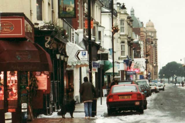 A snowy day in Osborne Road in 1998. You can still see some Christmas decorations.