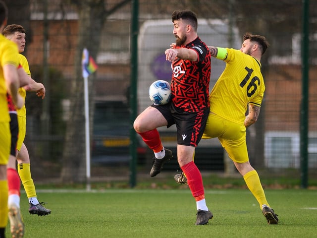 Action from Harvest's 4-1 win at home to Locks Heath (red and black kit) in the Hampshire Premier League. Picture: Keith Woodland (180321-1392)